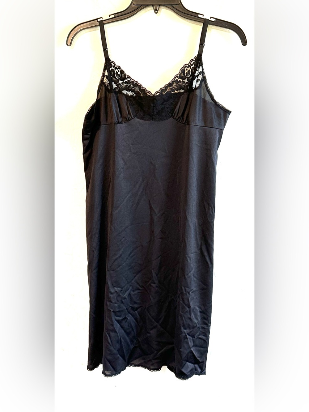 Vintage Vasserette Black V-Neck Lace-Trim Full Slip Dress Romantic Sz 36 (M)